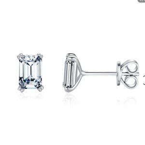 Sterling Silver Emerald-Cut White Cubic Zirconia Stud Earrings - NEW